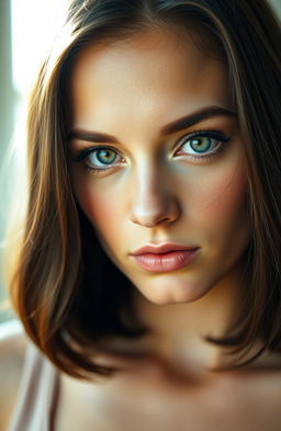 A close-up portrait of a person with striking green eyes, featuring long lashes and an intense gaze