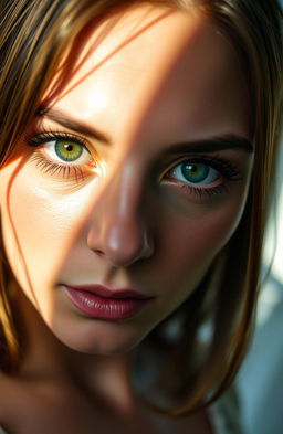 A close-up portrait of a person with striking green eyes, featuring long lashes and an intense gaze