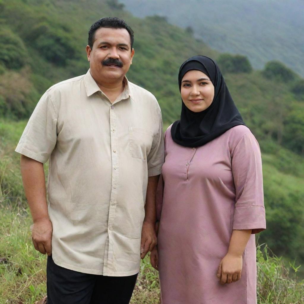 A slim, mustachioed Indonesian man of 35 years standing alongside a beautiful, plus-sized woman in a hijab, both dressed in casual couple's attire, in a natural environment.