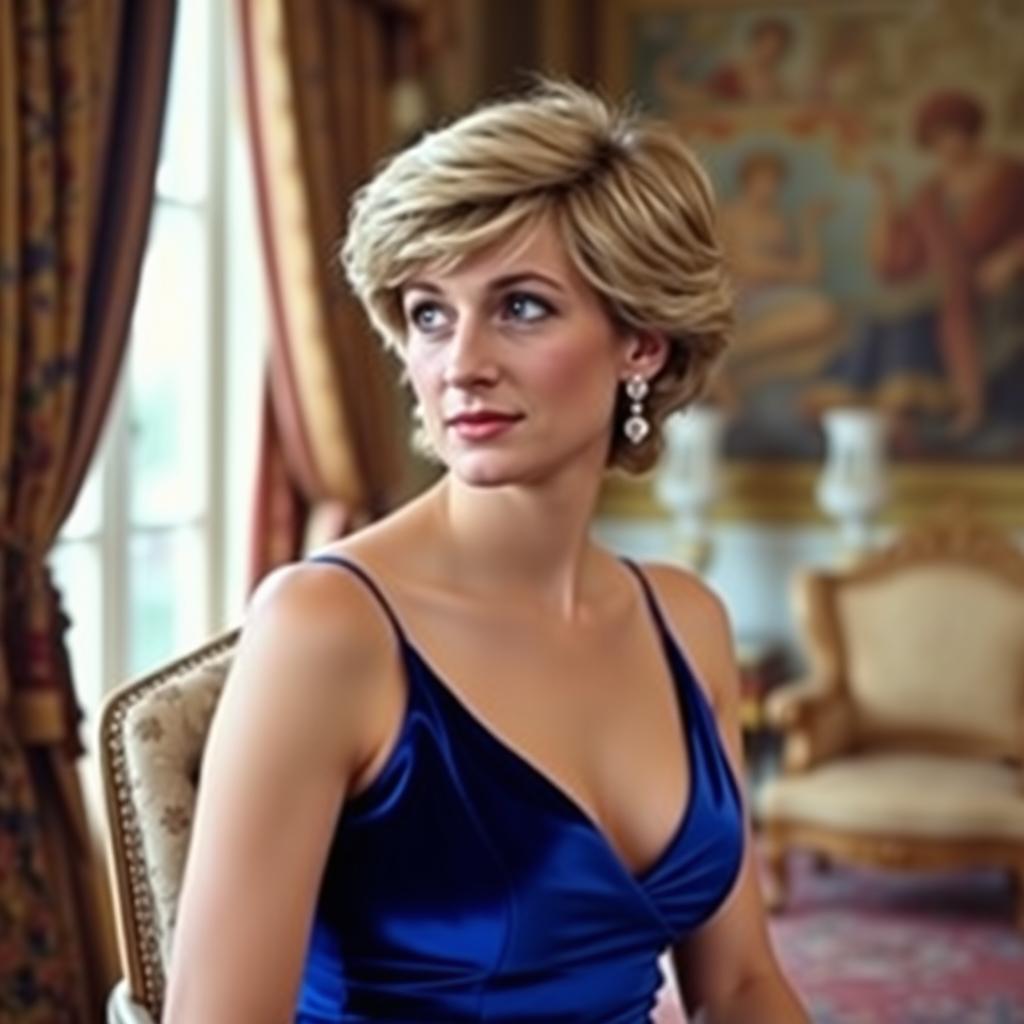 A portrait of Princess Diana wearing her iconic blue velvet gown with a plunging neckline