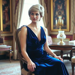 A portrait of Princess Diana wearing her iconic blue velvet gown with a plunging neckline