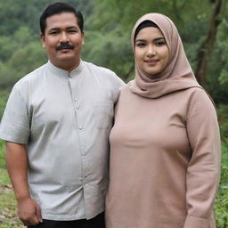 A slim, mustachioed Indonesian man of 35 years standing alongside a beautiful, plus-sized woman in a hijab, both dressed in casual couple's attire, in a natural environment.