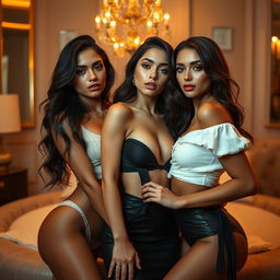 A sensual scene featuring young adult women, elegantly posed in a luxurious setting, exuding confidence and empowerment, styled in fashionable attire