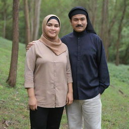 A slim, mustachioed Indonesian man of 35 years standing alongside a beautiful, plus-sized woman in a hijab, both dressed in casual couple's attire, in a natural environment.