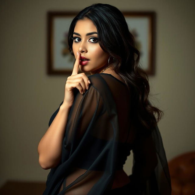 A seductive woman dressed in a black transparent saree, her finger held vertically against her lips in a playful pose