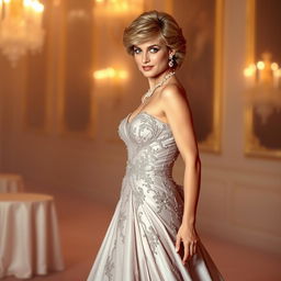 A glamorous and alluring portrayal of Princess Diana in a stunning evening gown, featuring intricate beadwork and a long flowing train, standing confidently in a regal pose