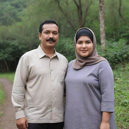 A slim, mustachioed Indonesian man of 35 years standing alongside a beautiful, plus-sized woman in a hijab, both dressed in casual couple's attire, in a natural environment.