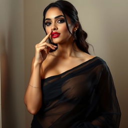 A stunning woman wearing a black transparent saree, elegantly draped, framing her silhouette