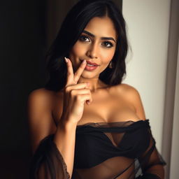 A stunning woman wearing a black transparent saree, elegantly draped, framing her silhouette