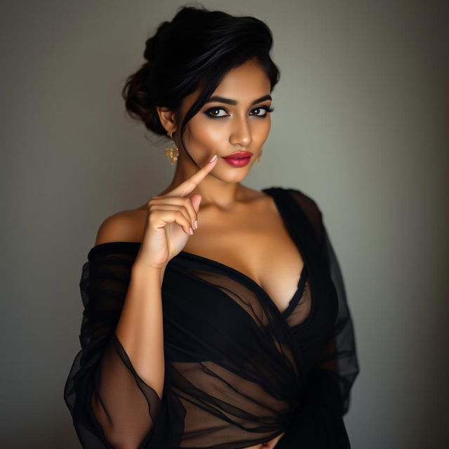 A stunning woman wearing a black transparent saree, elegantly draped, framing her silhouette