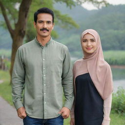 A slim, mustachioed Indonesian man of 35 years old standing side by side with a beautiful woman in a hijab, both dressed in casual couple's attire, with a backdrop of nature.