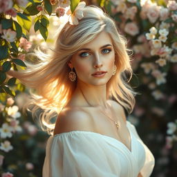 A serene and ethereal portrait of a woman with flowing hair, inspired by Princess Diana