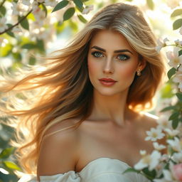 A serene and ethereal portrait of a woman with flowing hair, inspired by Princess Diana