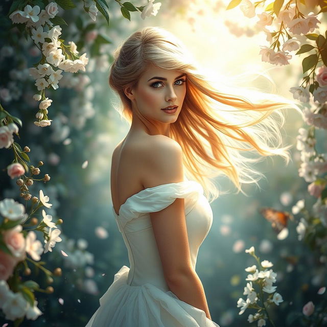 A serene and ethereal portrait of a woman with flowing hair, inspired by Princess Diana