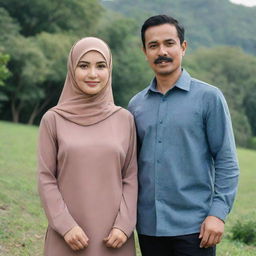 A slim, mustachioed Indonesian man of 35 years old standing side by side with a beautiful woman in a hijab, both dressed in casual couple's attire, with a backdrop of nature.