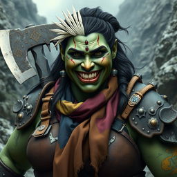A photorealistic image of a very bulky female half-orc barbarian, characterized by her pale green, almost black skin and distinctive facial tusks protruding from her mouth