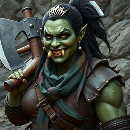 A photorealistic image of a very bulky female half-orc barbarian, characterized by her pale green, almost black skin and distinctive facial tusks protruding from her mouth