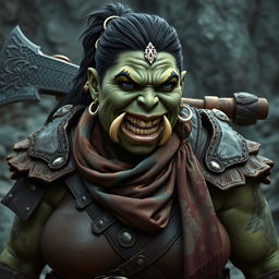 A photorealistic image of a very bulky female half-orc barbarian, characterized by her pale green, almost black skin and distinctive facial tusks protruding from her mouth