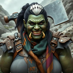 A photorealistic image of a very bulky female half-orc barbarian, characterized by her pale green, almost black skin and distinctive facial tusks protruding from her mouth