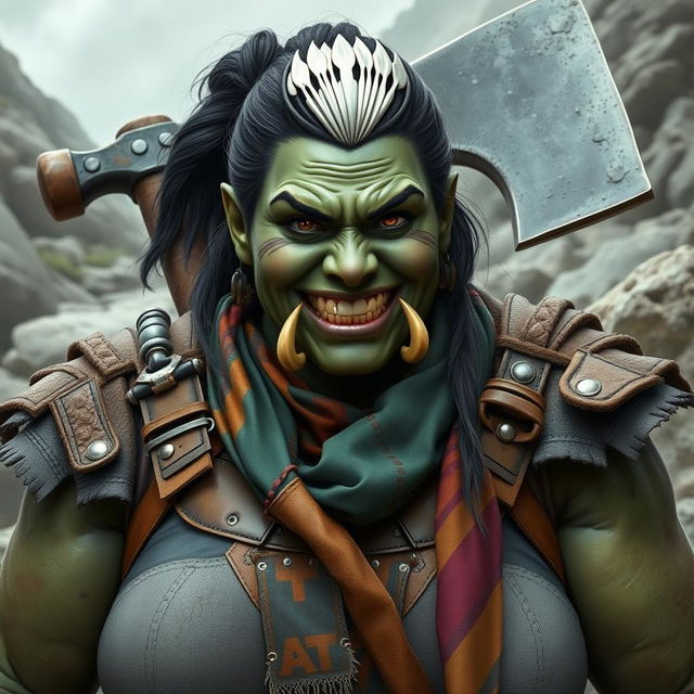 A photorealistic image of a very bulky female half-orc barbarian, characterized by her pale green, almost black skin and distinctive facial tusks protruding from her mouth