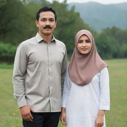 A slim, mustachioed Indonesian man of 35 years old standing side by side with a beautiful woman in a hijab, both dressed in casual couple's attire, with a backdrop of nature.