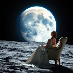 A woman in a long elegant dress, seated on a plush chair, gazing at the Earth from the Moon