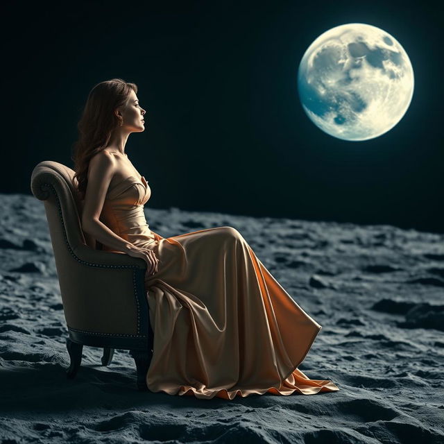 A woman in a long elegant dress, seated on a plush chair, gazing at the Earth from the Moon