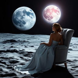 A woman in a long elegant dress, seated on a plush chair, gazing at the Earth from the Moon