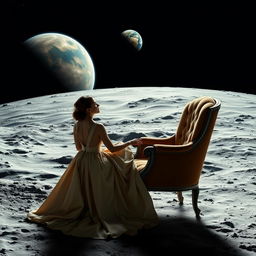 A woman in a long elegant dress, seated on a plush chair, gazing at the Earth from the Moon