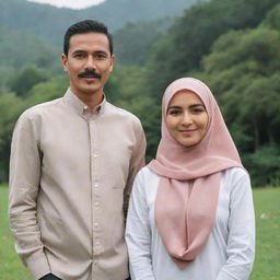 A slim, mustachioed Indonesian man of 35 years old standing side by side with a beautiful woman in a hijab, both dressed in casual couple's attire, with a backdrop of nature.