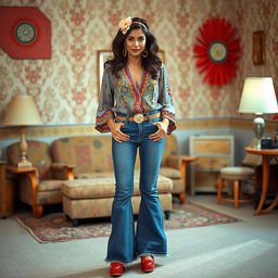 A beautiful Hispanic woman dressed in a stylish 1970s outfit, featuring vibrant colors and patterns typical of the era, such as bell-bottom jeans, a flowy bohemian blouse, and platform shoes