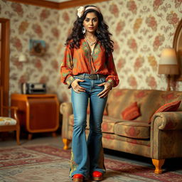 A beautiful Hispanic woman dressed in a stylish 1970s outfit, featuring vibrant colors and patterns typical of the era, such as bell-bottom jeans, a flowy bohemian blouse, and platform shoes