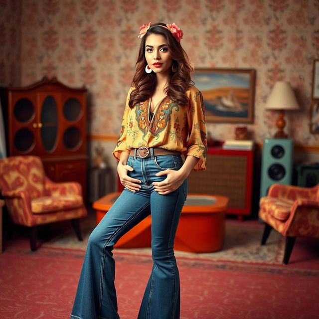 A beautiful Hispanic woman dressed in a stylish 1970s outfit, featuring vibrant colors and patterns typical of the era, such as bell-bottom jeans, a flowy bohemian blouse, and platform shoes