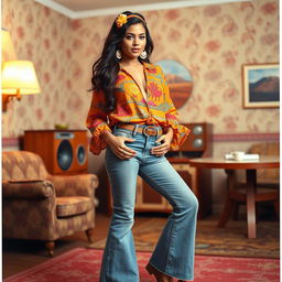A beautiful Hispanic woman dressed in a stylish 1970s outfit, featuring vibrant colors and patterns typical of the era, such as bell-bottom jeans, a flowy bohemian blouse, and platform shoes