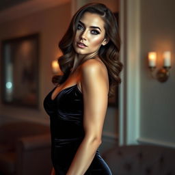 A sexy portrait of a woman wearing a short velvet dress, exuding confidence and allure