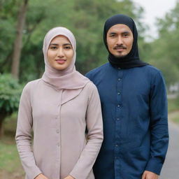 A slim Indonesian man with a thin mustache, 35 years old, standing next to a beautiful woman in a hijab. They're dressed in casual couple's attire and standing against a natural background.