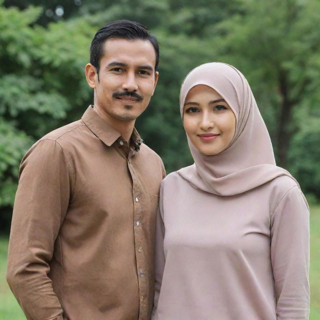 A slim Indonesian man with a thin mustache, 35 years old, standing next to a beautiful woman in a hijab. They're dressed in casual couple's attire and standing against a natural background.