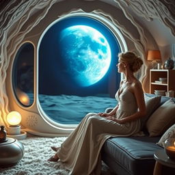 A woman in a long dress sitting on a couch in a cozy home on the moon, gazing out of a window at Earth