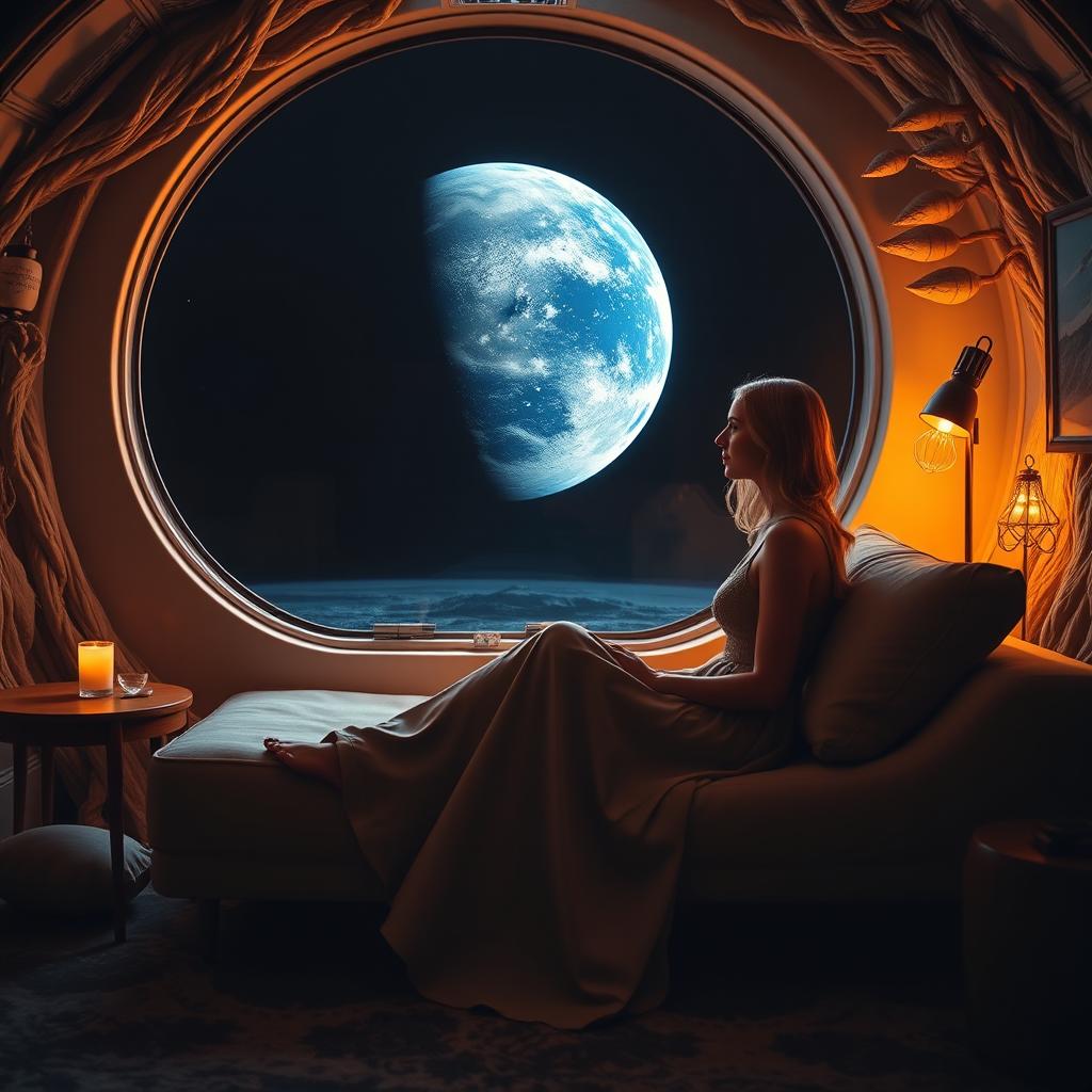 A woman in a long dress sitting on a couch in a cozy home on the moon, gazing out of a window at Earth