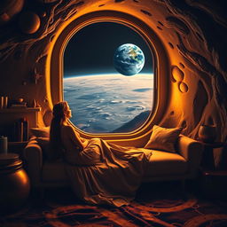 A woman in a long dress sitting on a couch in a cozy home on the moon, gazing out of a window at Earth