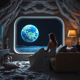 A woman in a long dress sitting on a couch in a cozy home on the moon, gazing out of a window at Earth