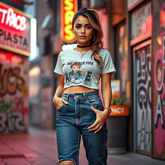 A stunning Hispanic woman dressed in a fashionable 1990s outfit, featuring elements like high-waisted jeans, a cropped graphic t-shirt, and chunky sneakers