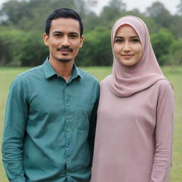 A slim Indonesian man with a thin mustache, 35 years old, standing next to a beautiful woman in a hijab. They're dressed in casual couple's attire and standing against a natural background.