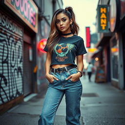 A stunning Hispanic woman dressed in a fashionable 1990s outfit, featuring elements like high-waisted jeans, a cropped graphic t-shirt, and chunky sneakers
