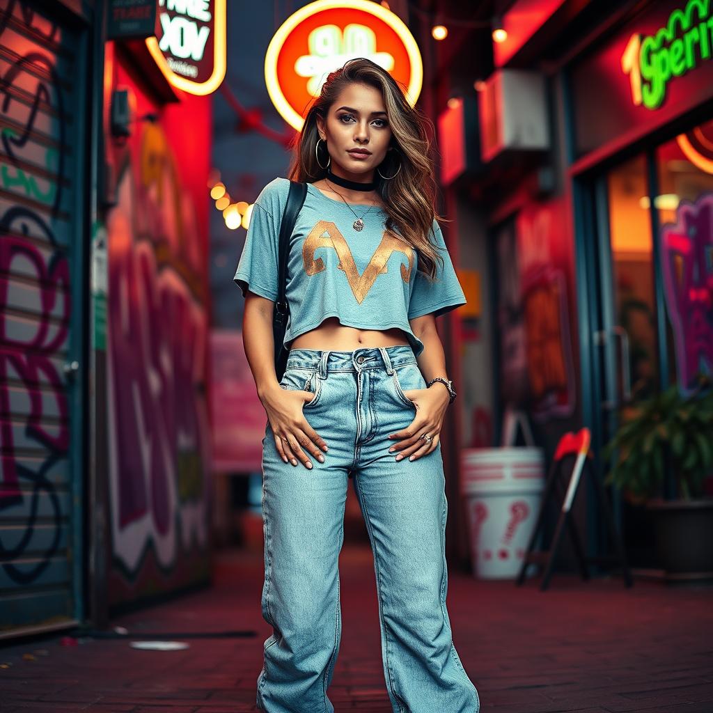 A stunning Hispanic woman dressed in a fashionable 1990s outfit, featuring elements like high-waisted jeans, a cropped graphic t-shirt, and chunky sneakers