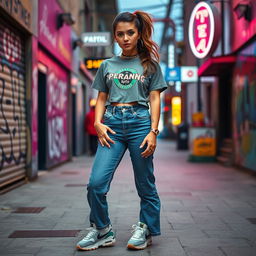 A stunning Hispanic woman dressed in a fashionable 1990s outfit, featuring elements like high-waisted jeans, a cropped graphic t-shirt, and chunky sneakers