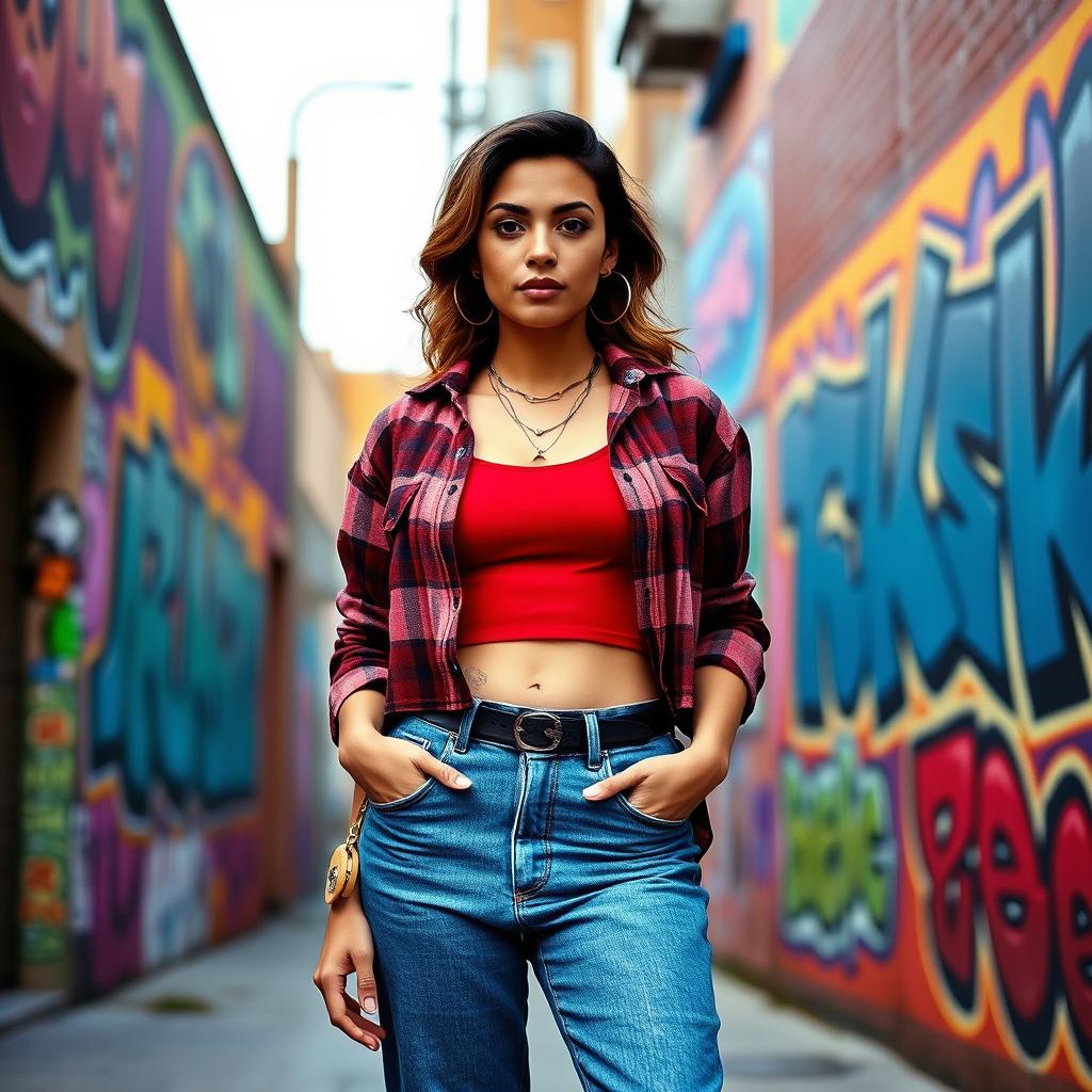 A 30-year-old Hispanic woman dressed in iconic 1990s fashion, showcasing a trendy look with high-waisted mom jeans, a cropped flannel shirt over a fitted tank top, and classic platform sneakers