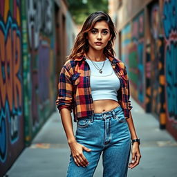 A 30-year-old Hispanic woman dressed in iconic 1990s fashion, showcasing a trendy look with high-waisted mom jeans, a cropped flannel shirt over a fitted tank top, and classic platform sneakers
