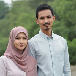 A slim Indonesian man with a thin mustache, 35 years old, standing next to a beautiful woman in a hijab. They're dressed in casual couple's attire and standing against a natural background.