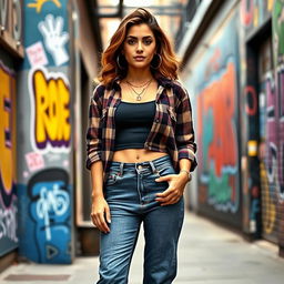 A 30-year-old Hispanic woman dressed in iconic 1990s fashion, showcasing a trendy look with high-waisted mom jeans, a cropped flannel shirt over a fitted tank top, and classic platform sneakers